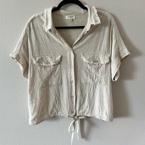 umgee buttondown tie-front linen cotton blend short sleeve top
